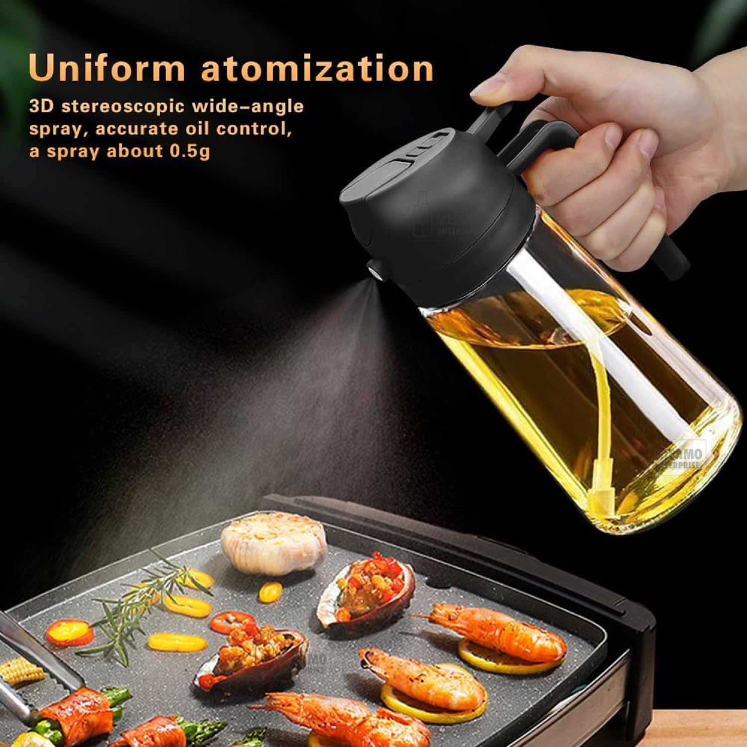 Misamo Enterprise 2-in-1 Glass Oil Dispenser & Sprayer for Cooking, 500ml Olive Oil Spray Bottle with Handle, Fine Mist & Pour Spout, Leak-Proof for Air Fryer, Salad, BBQ & Kitchen (Black)