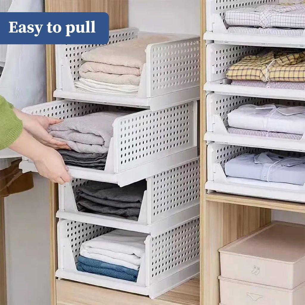 HomeStrap Set of 3, Stack it Up | Large Cloth Stacker | Foldable Shirt Storage Stacker for Wardrobe | Plastic Stackable Closet Organizer | White | 44L x 33W x 19H Centimeters