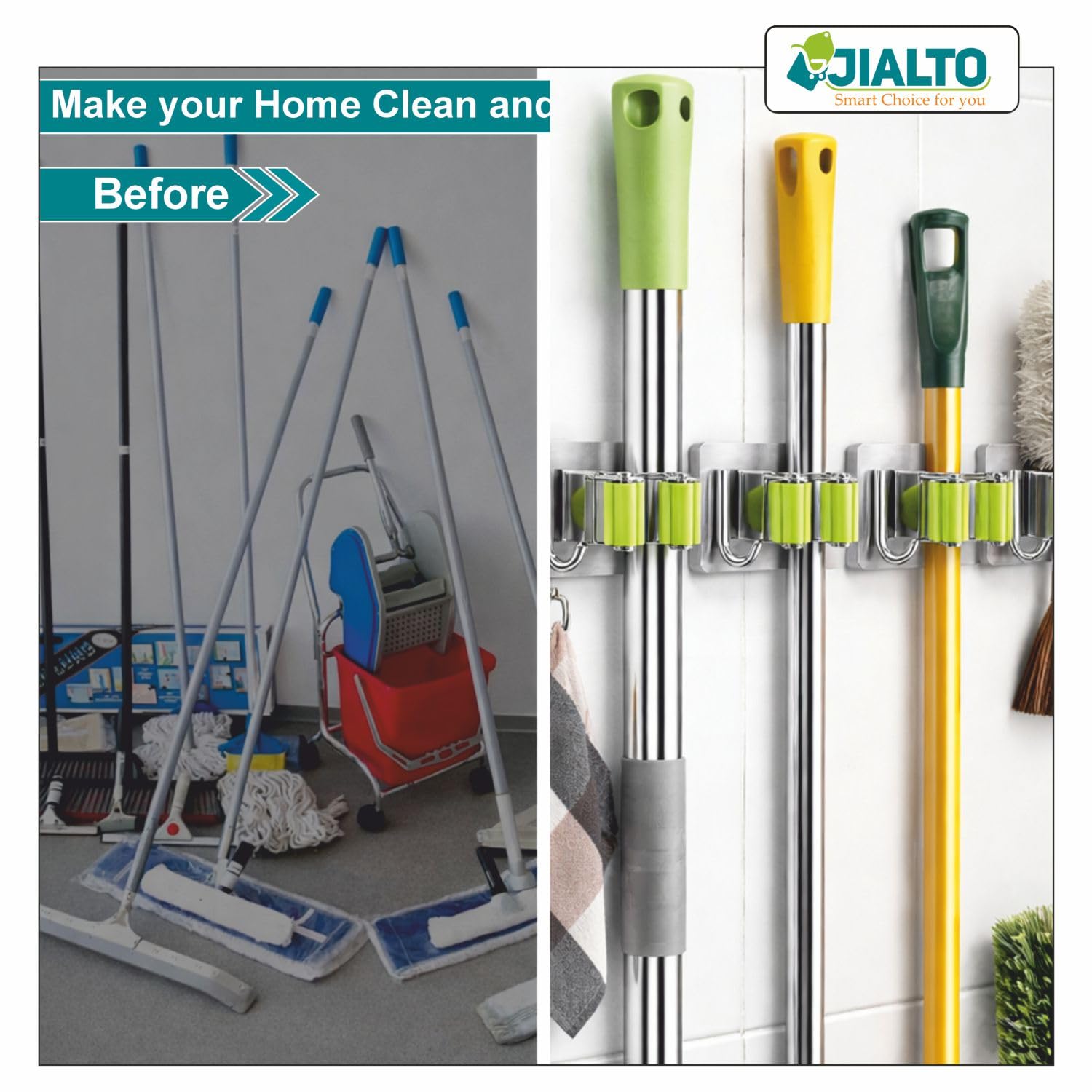JIALTO 2 Pieces Stainless Steel Broom Holder with Hook - Wall-Mounted Adhesive Waterproof Rustproof Heavy Duty Broom and Mop Stick Holder for Home, Kitchen,