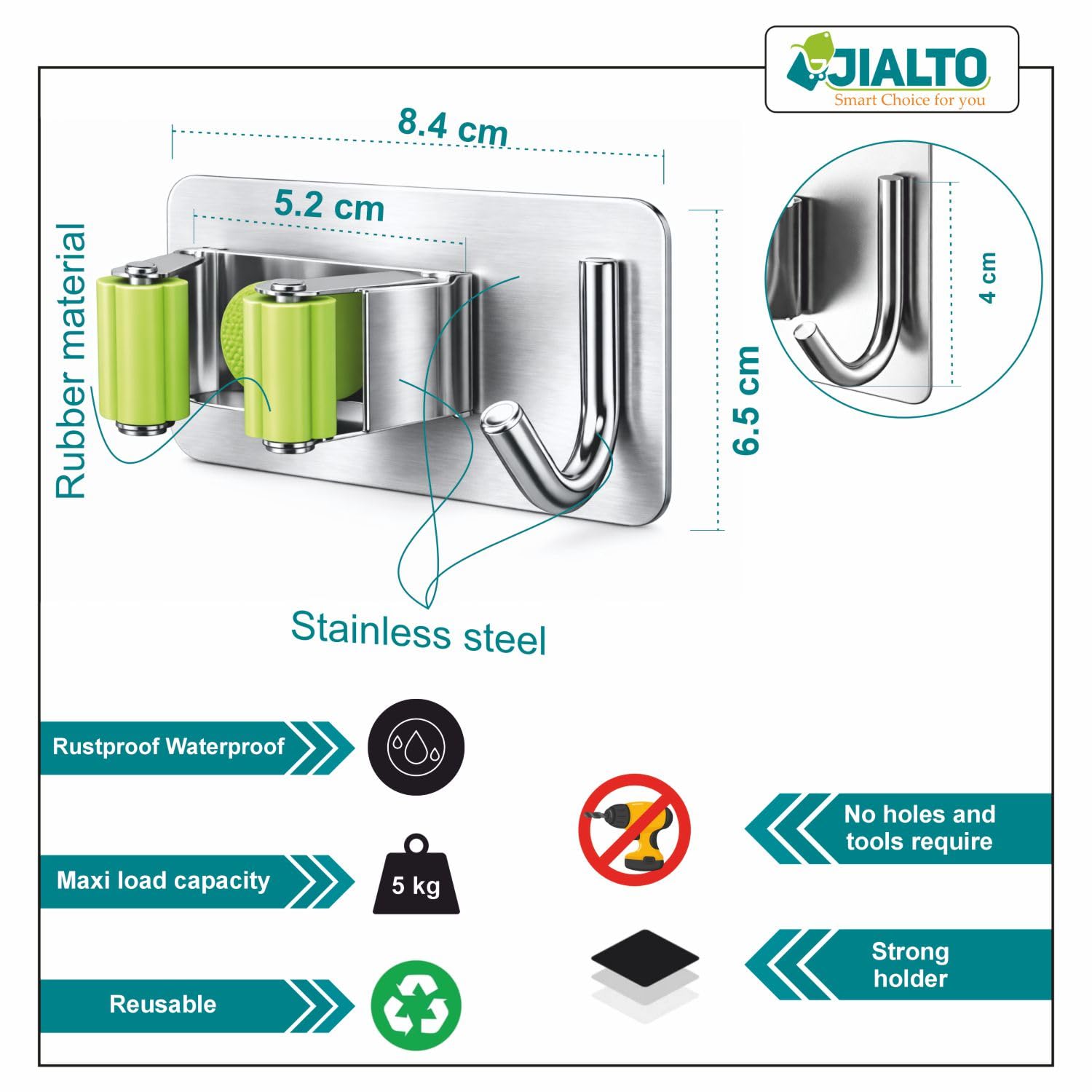 JIALTO 2 Pieces Stainless Steel Broom Holder with Hook - Wall-Mounted Adhesive Waterproof Rustproof Heavy Duty Broom and Mop Stick Holder for Home, Kitchen,