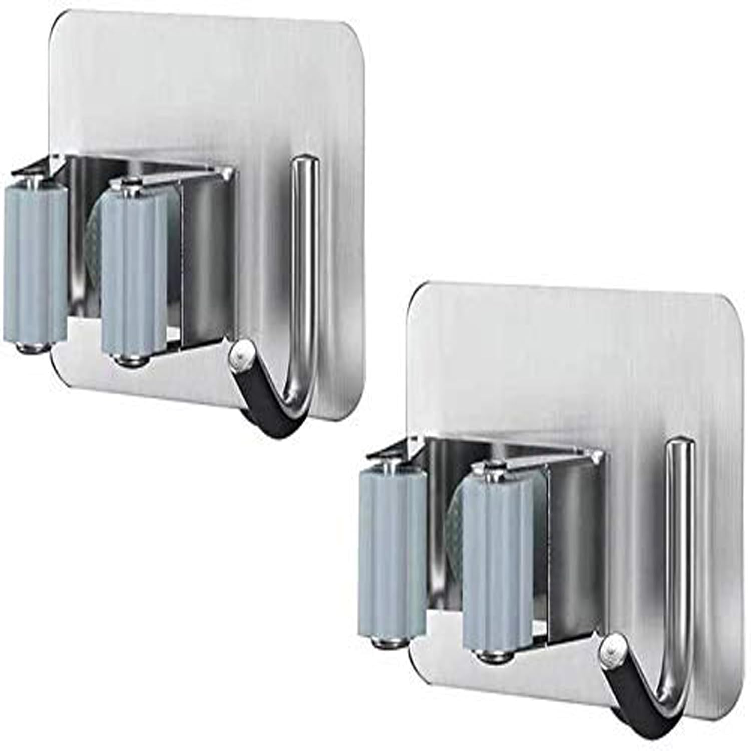 JIALTO 2 Pieces Stainless Steel Broom Holder with Hook - Wall-Mounted Adhesive Waterproof Rustproof Heavy Duty Broom and Mop Stick Holder for Home, Kitchen,