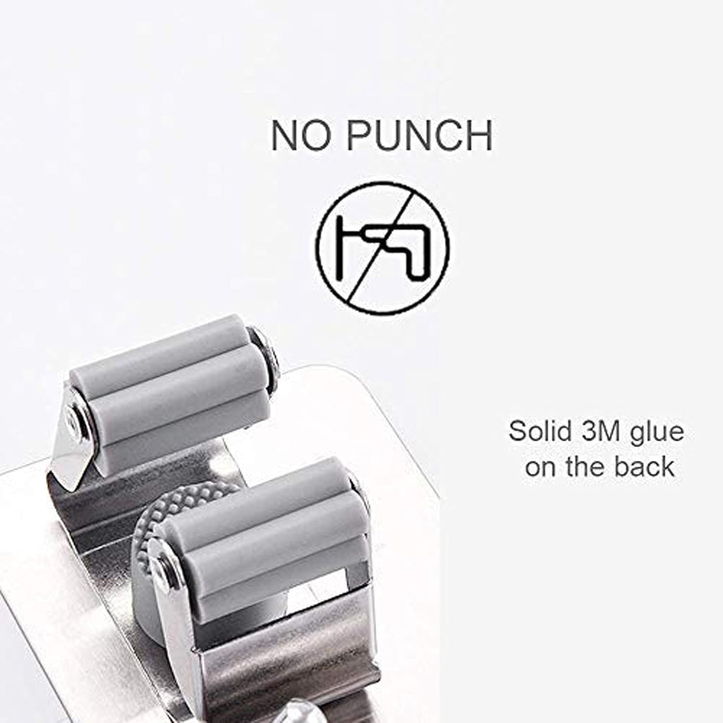 JIALTO 2 Pieces Stainless Steel Broom Holder with Hook - Wall-Mounted Adhesive Waterproof Rustproof Heavy Duty Broom and Mop Stick Holder for Home, Kitchen,