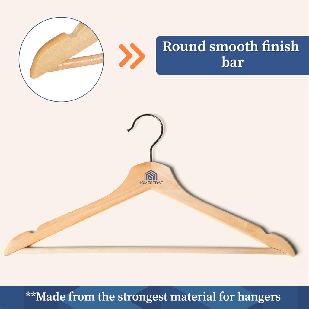 Homestrap Premium Round Bar Wooden Hanger (Pack of 12)| Durable Wooden Garment Hangers with Cut Notches & 360 Degree Swivel Chrome Hook for Hanging Heavy Clothes