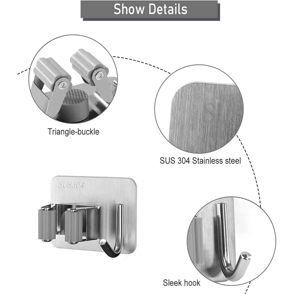JIALTO 2 Pieces Stainless Steel Broom Holder with Hook - Wall-Mounted Adhesive Waterproof Rustproof Heavy Duty Broom and Mop Stick Holder for Home, Kitchen,