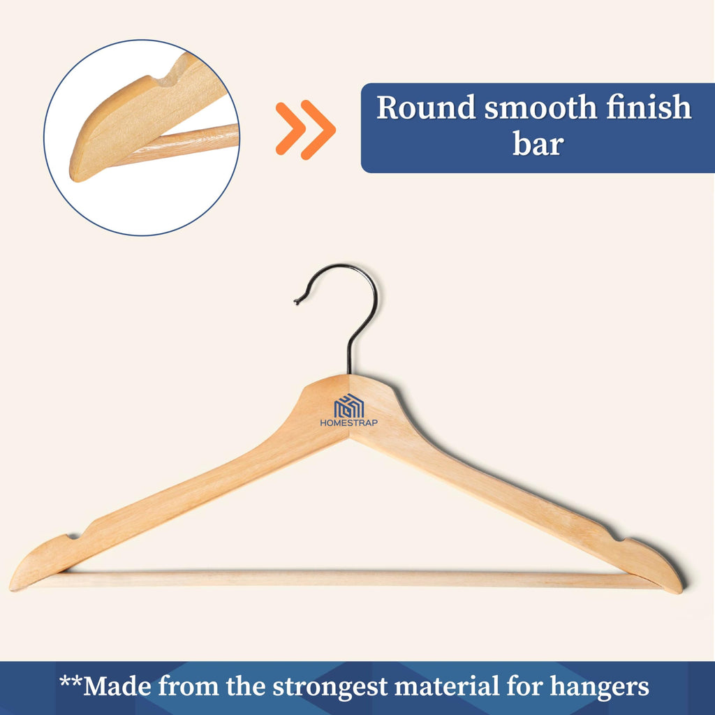 Homestrap Premium Round Bar Wooden Hanger (Pack of 12)| Durable Wooden Garment Hangers with Cut Notches & 360 Degree Swivel Chrome Hook for Hanging Heavy Clothes