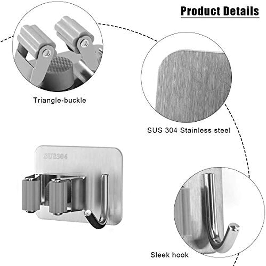 JIALTO 2 Pieces Stainless Steel Broom Holder with Hook - Wall-Mounted Adhesive Waterproof Rustproof Heavy Duty Broom and Mop Stick Holder for Home, Kitchen,