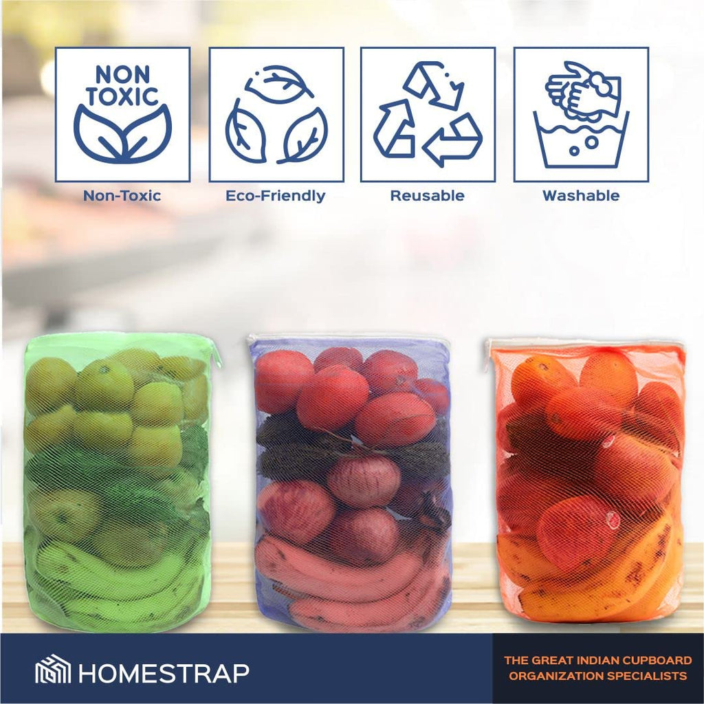 HomeStrap Reusable Mesh Fridge Storage Zipper Bags For Fruits And Vegetables(Multicolour, Standard) - Set of 12