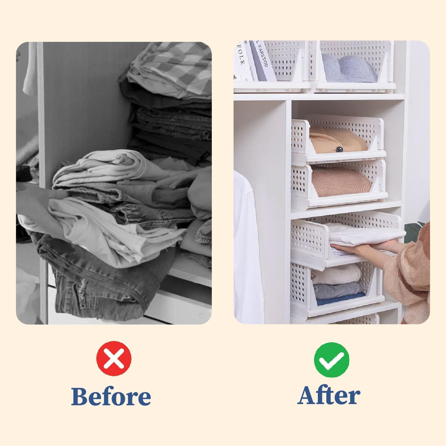 HomeStrap Set of 3, Stack it Up | Large Cloth Stacker | Foldable Shirt Storage Stacker for Wardrobe | Plastic Stackable Closet Organizer | White | 44L x 33W x 19H Centimeters