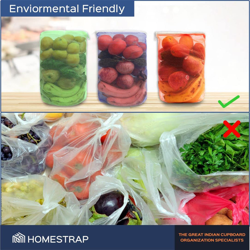 HomeStrap Reusable Mesh Fridge Storage Zipper Bags For Fruits And Vegetables(Multicolour, Standard) - Set of 12