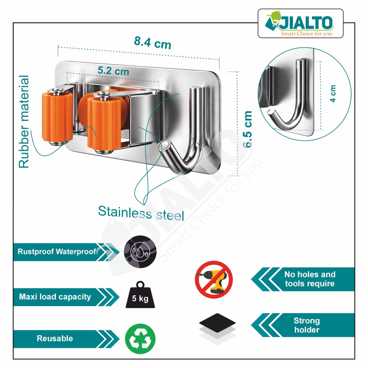 JIALTO 2 Pieces Stainless Steel Broom Holder with Hook - Wall-Mounted Adhesive Waterproof Rustproof Heavy Duty Broom and Mop Stick Holder for Home, Kitchen,