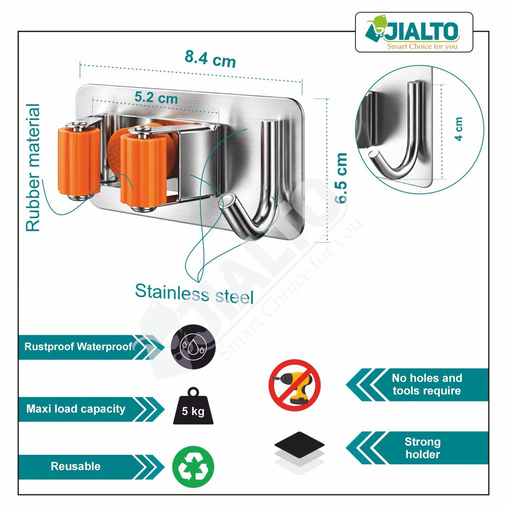 JIALTO 2 Pieces Stainless Steel Broom Holder with Hook - Wall-Mounted Adhesive Waterproof Rustproof Heavy Duty Broom and Mop Stick Holder for Home, Kitchen,