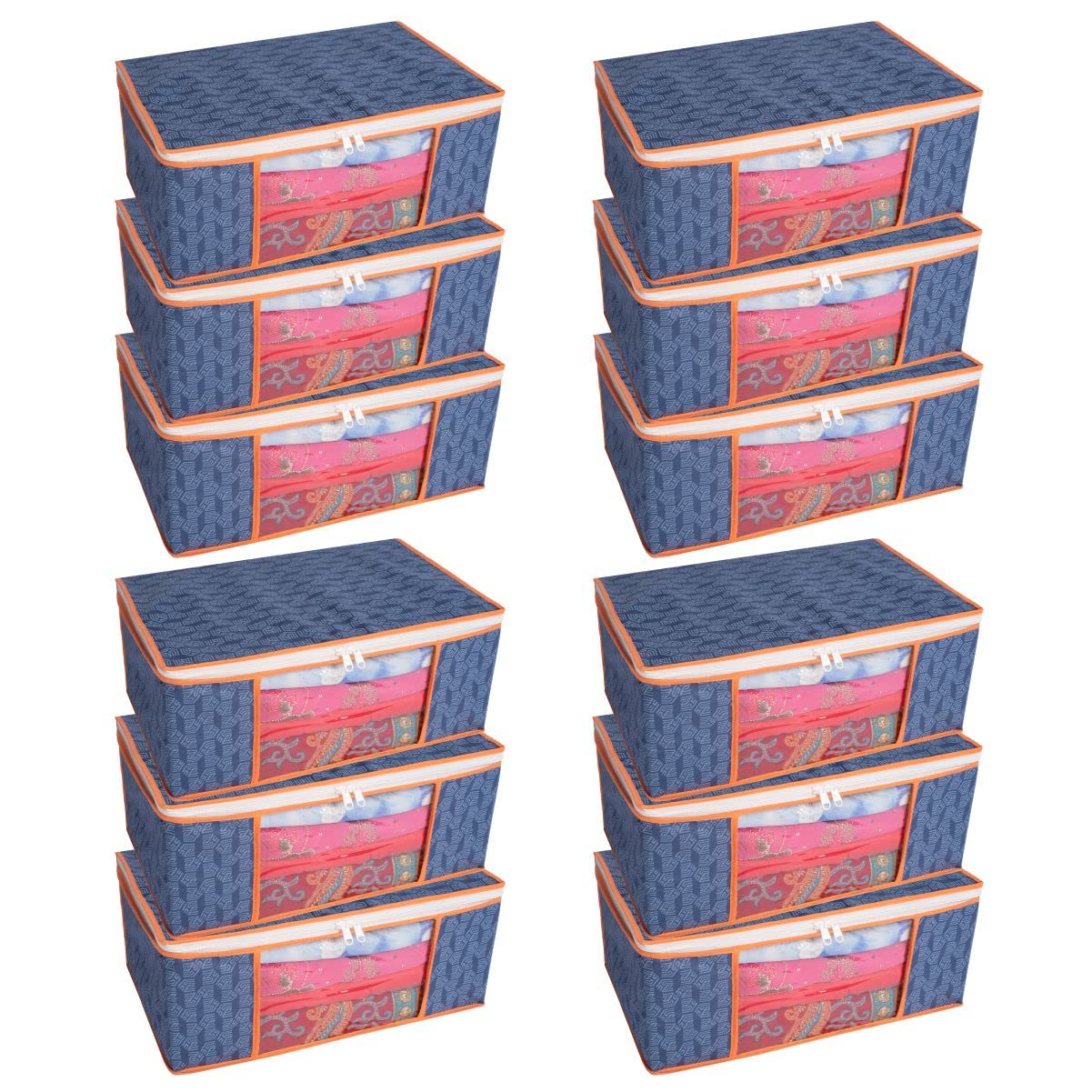 Homestrap Set of 6 Non-Woven Printed Saree Cover/Cloth Storage/Wardrobe Organizer For Clothes with Transparent Window (Grey)(Shark Tank Featured) 45cmx33cmx22cm