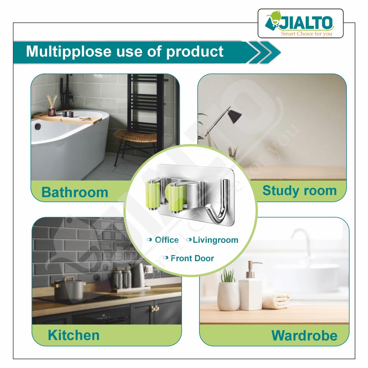 JIALTO 2 Pieces Stainless Steel Broom Holder with Hook - Wall-Mounted Adhesive Waterproof Rustproof Heavy Duty Broom and Mop Stick Holder for Home, Kitchen,