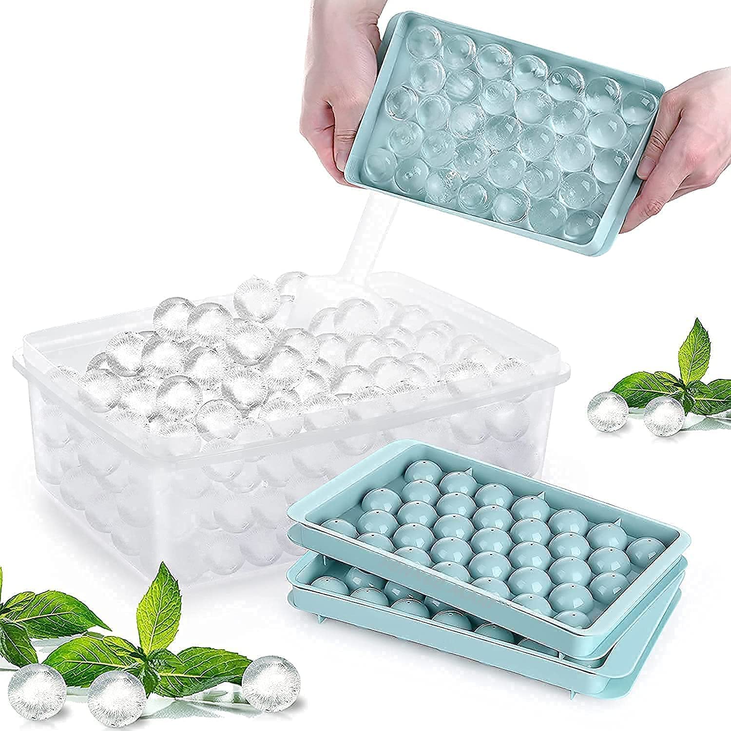 Clazkit Plastic Mini Round Ice Cube Tray with Lid Ball Maker for Fresh Juice, Mocktails, Whiskey, Cocktails, Tea & Coffee 33 Cavity, Easy Release Stackable in Freezer Pack of 2, Blue,Pink
