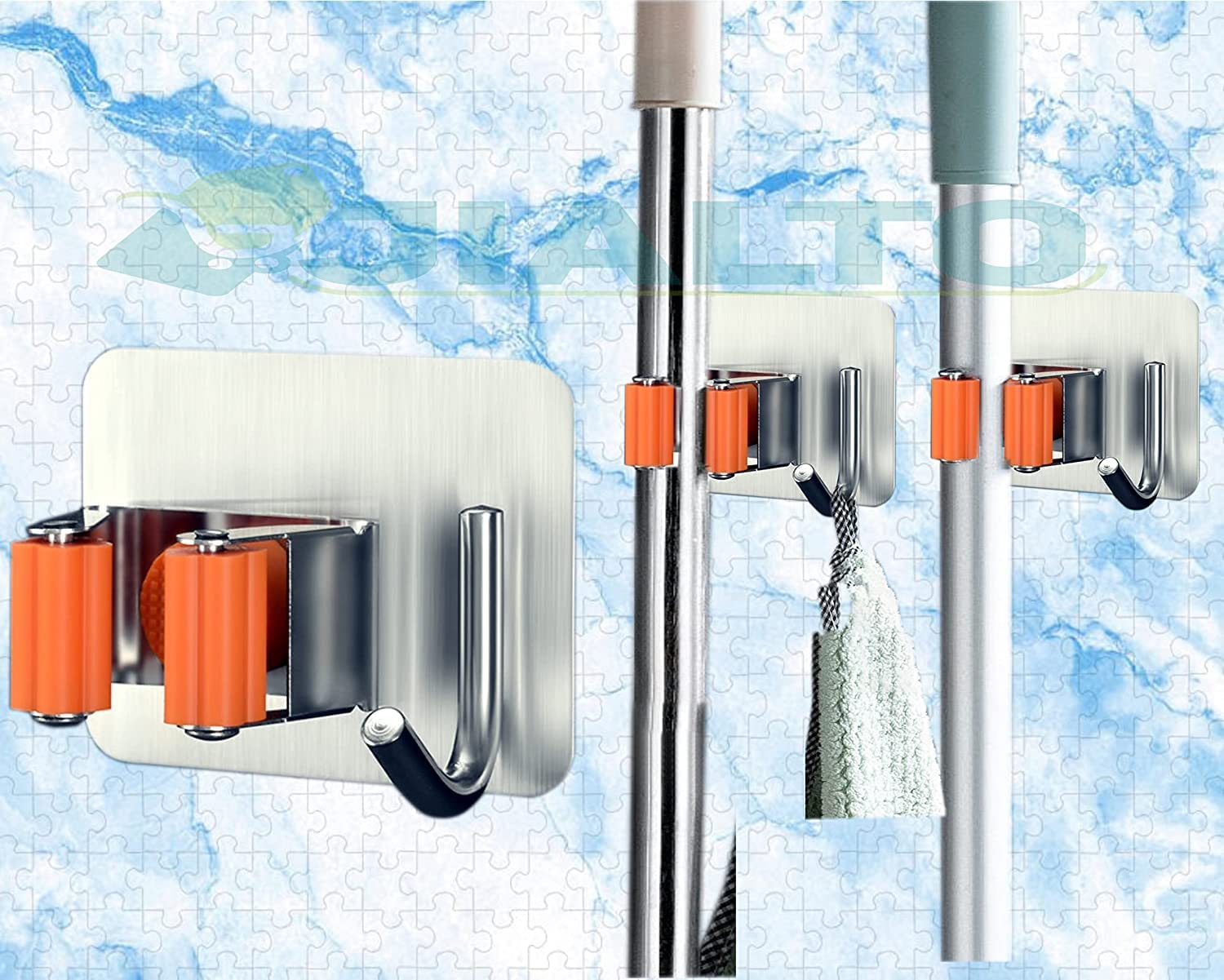JIALTO 2 Pieces Stainless Steel Broom Holder with Hook - Wall-Mounted Adhesive Waterproof Rustproof Heavy Duty Broom and Mop Stick Holder for Home, Kitchen,