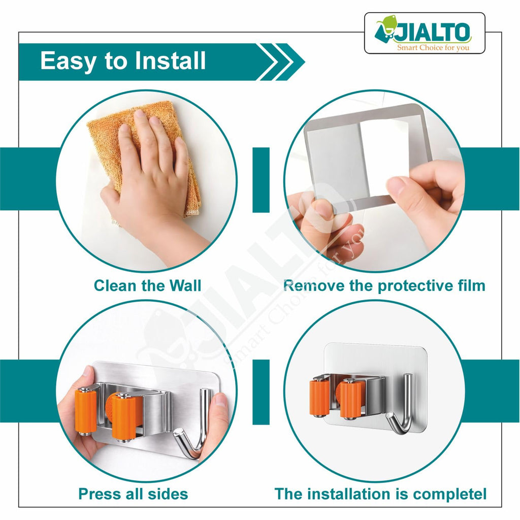 JIALTO 2 Pieces Stainless Steel Broom Holder with Hook - Wall-Mounted Adhesive Waterproof Rustproof Heavy Duty Broom and Mop Stick Holder for Home, Kitchen,