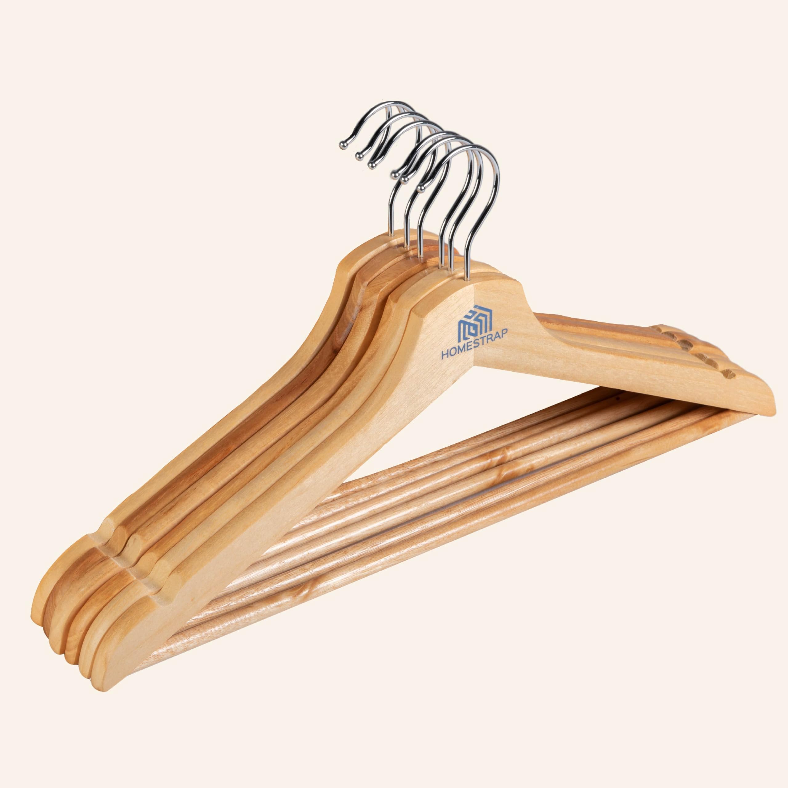Homestrap Premium Round Bar Wooden Hanger (Pack of 12)| Durable Wooden Garment Hangers with Cut Notches & 360 Degree Swivel Chrome Hook for Hanging Heavy Clothes