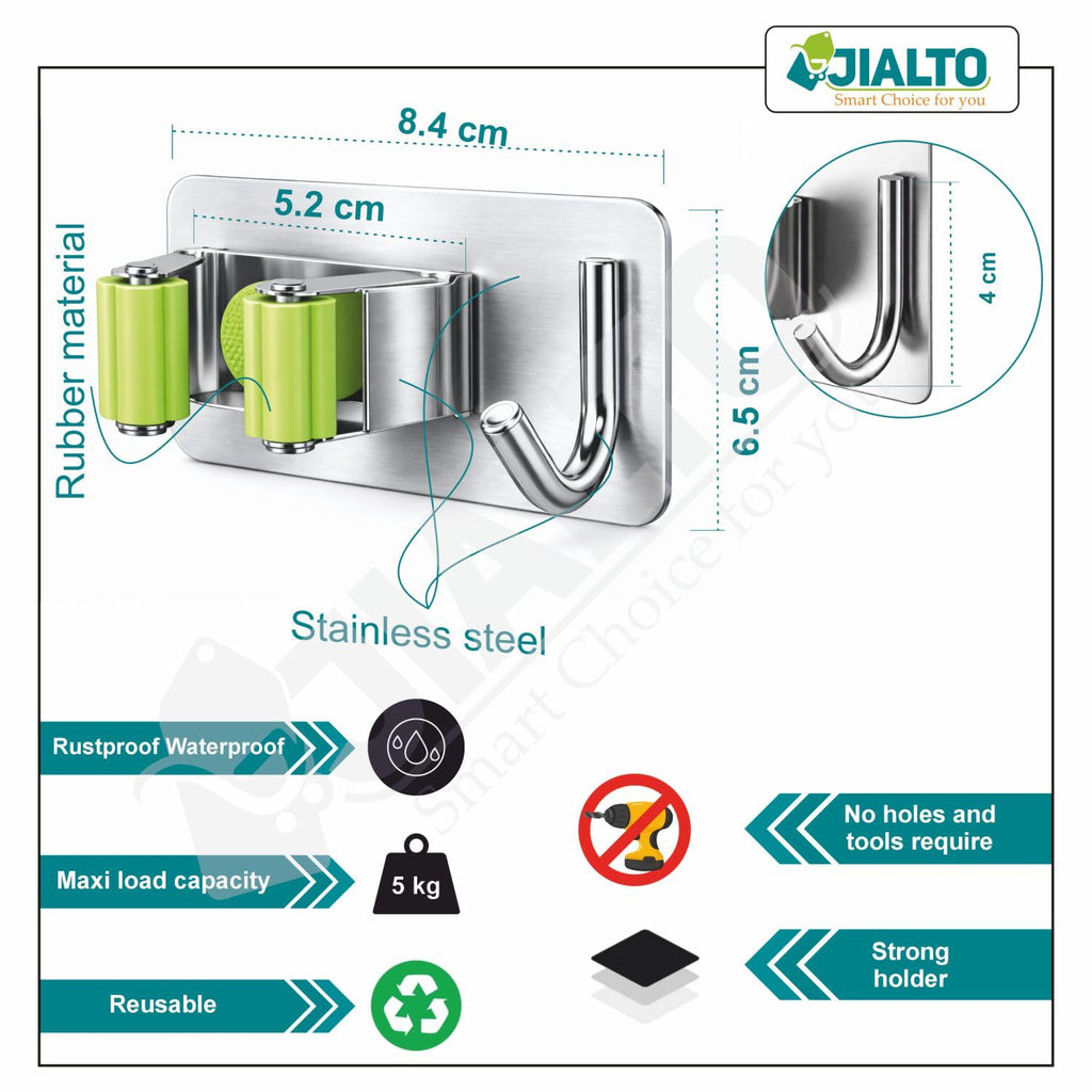 JIALTO 2 Pieces Stainless Steel Broom Holder with Hook - Wall-Mounted Adhesive Waterproof Rustproof Heavy Duty Broom and Mop Stick Holder for Home, Kitchen,