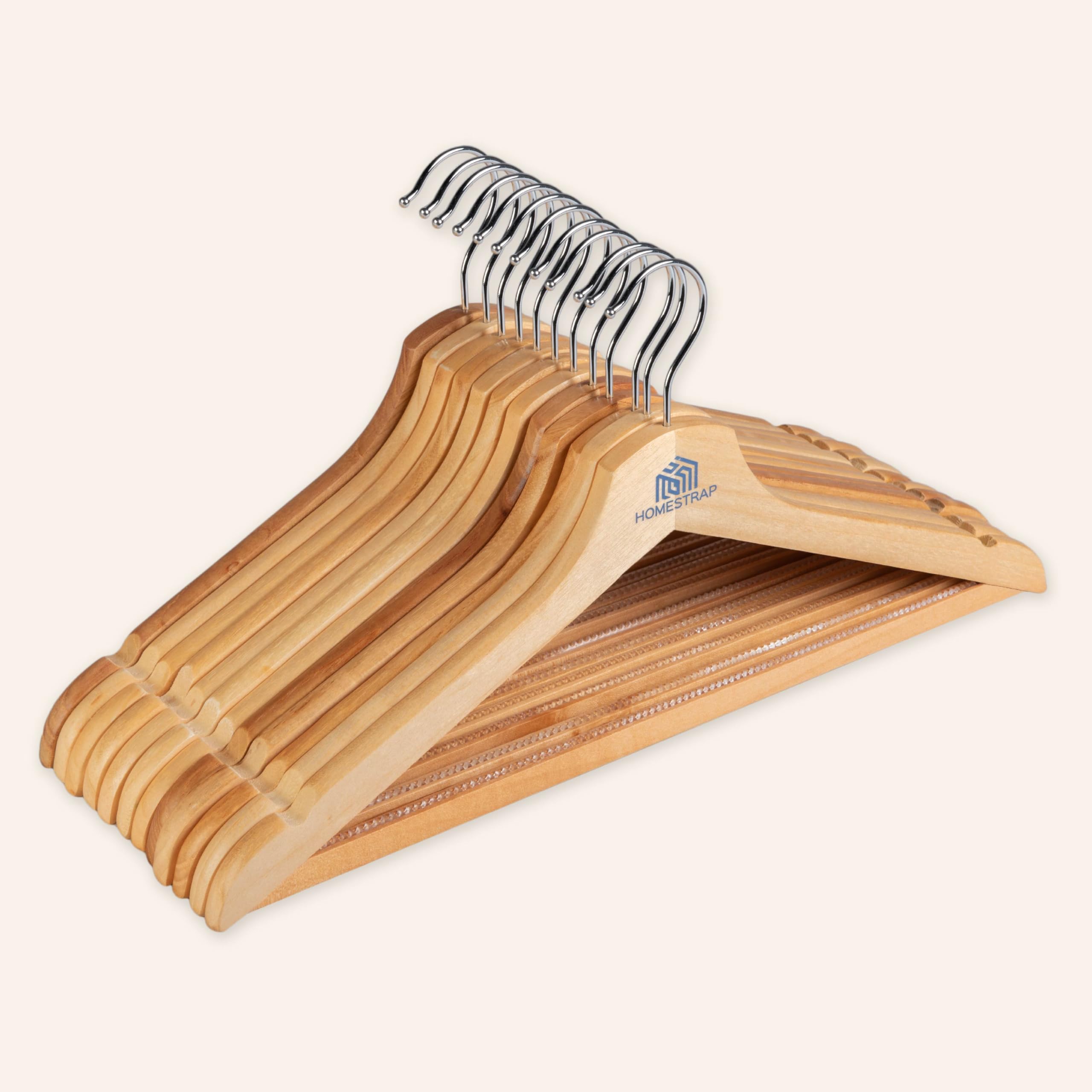 Homestrap Premium Round Bar Wooden Hanger (Pack of 12)| Durable Wooden Garment Hangers with Cut Notches & 360 Degree Swivel Chrome Hook for Hanging Heavy Clothes