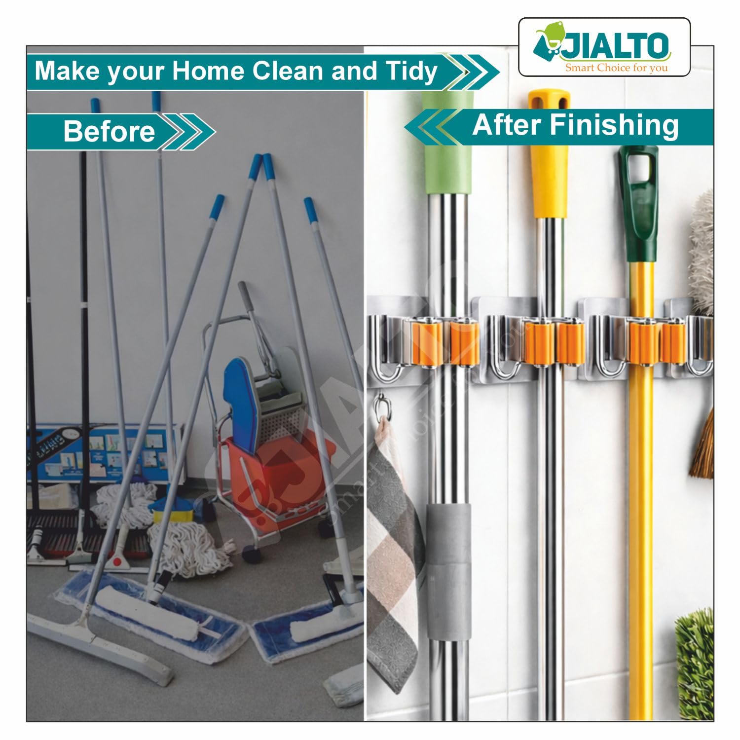 JIALTO 2 Pieces Stainless Steel Broom Holder with Hook - Wall-Mounted Adhesive Waterproof Rustproof Heavy Duty Broom and Mop Stick Holder for Home, Kitchen,