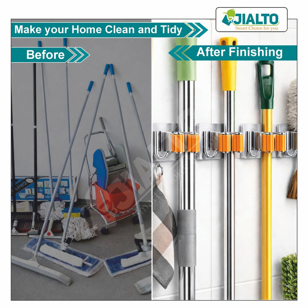 JIALTO 2 Pieces Stainless Steel Broom Holder with Hook - Wall-Mounted Adhesive Waterproof Rustproof Heavy Duty Broom and Mop Stick Holder for Home, Kitchen,