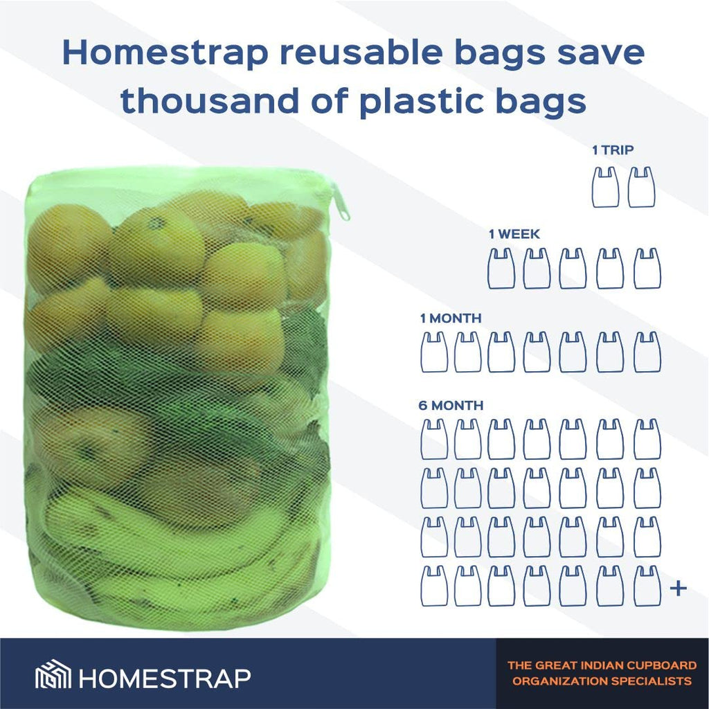 HomeStrap Reusable Mesh Fridge Storage Zipper Bags For Fruits And Vegetables(Multicolour, Standard) - Set of 12