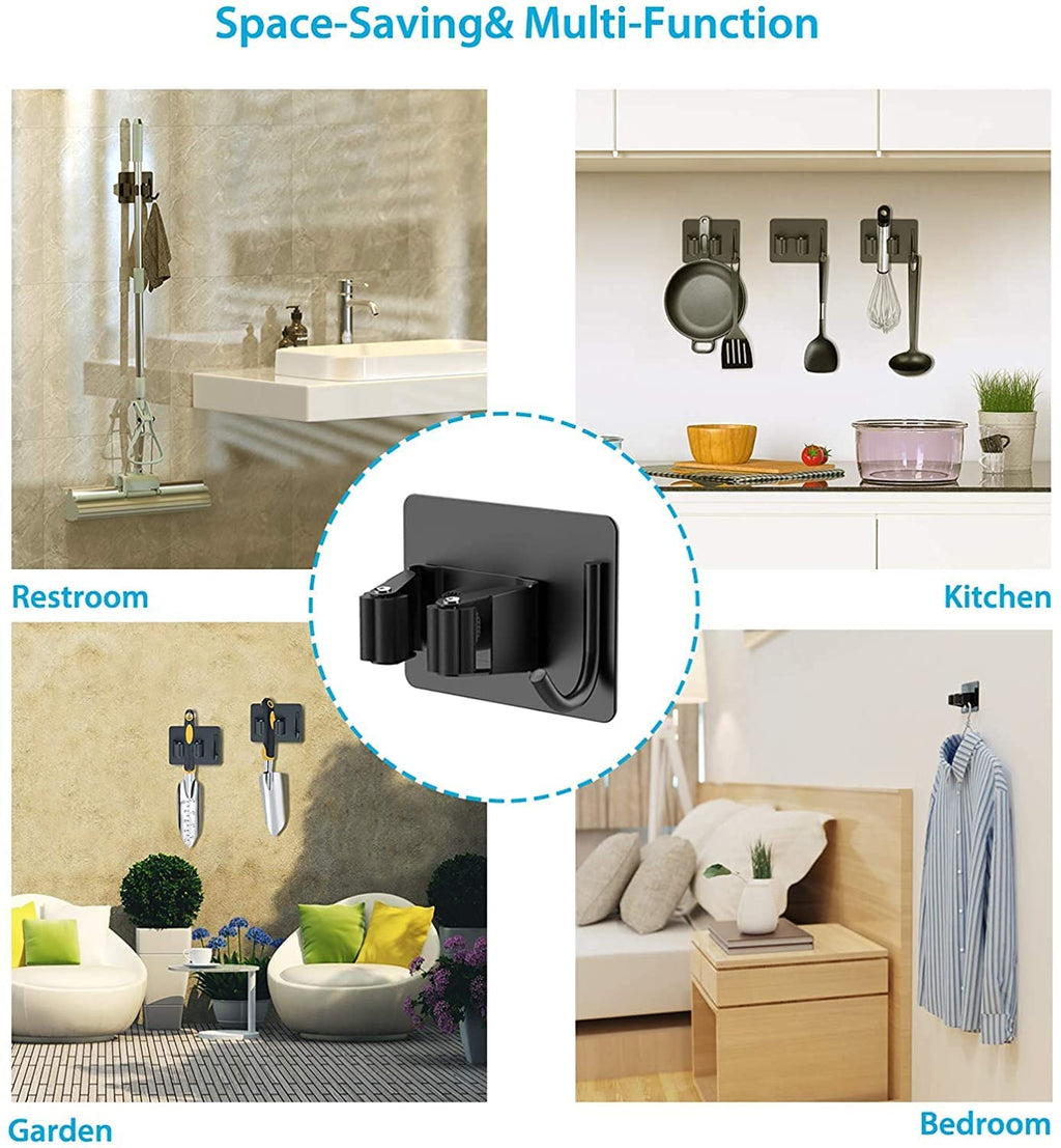 JIALTO 2 Pieces Stainless Steel Broom Holder with Hook - Wall-Mounted Adhesive Waterproof Rustproof Heavy Duty Broom and Mop Stick Holder for Home, Kitchen,