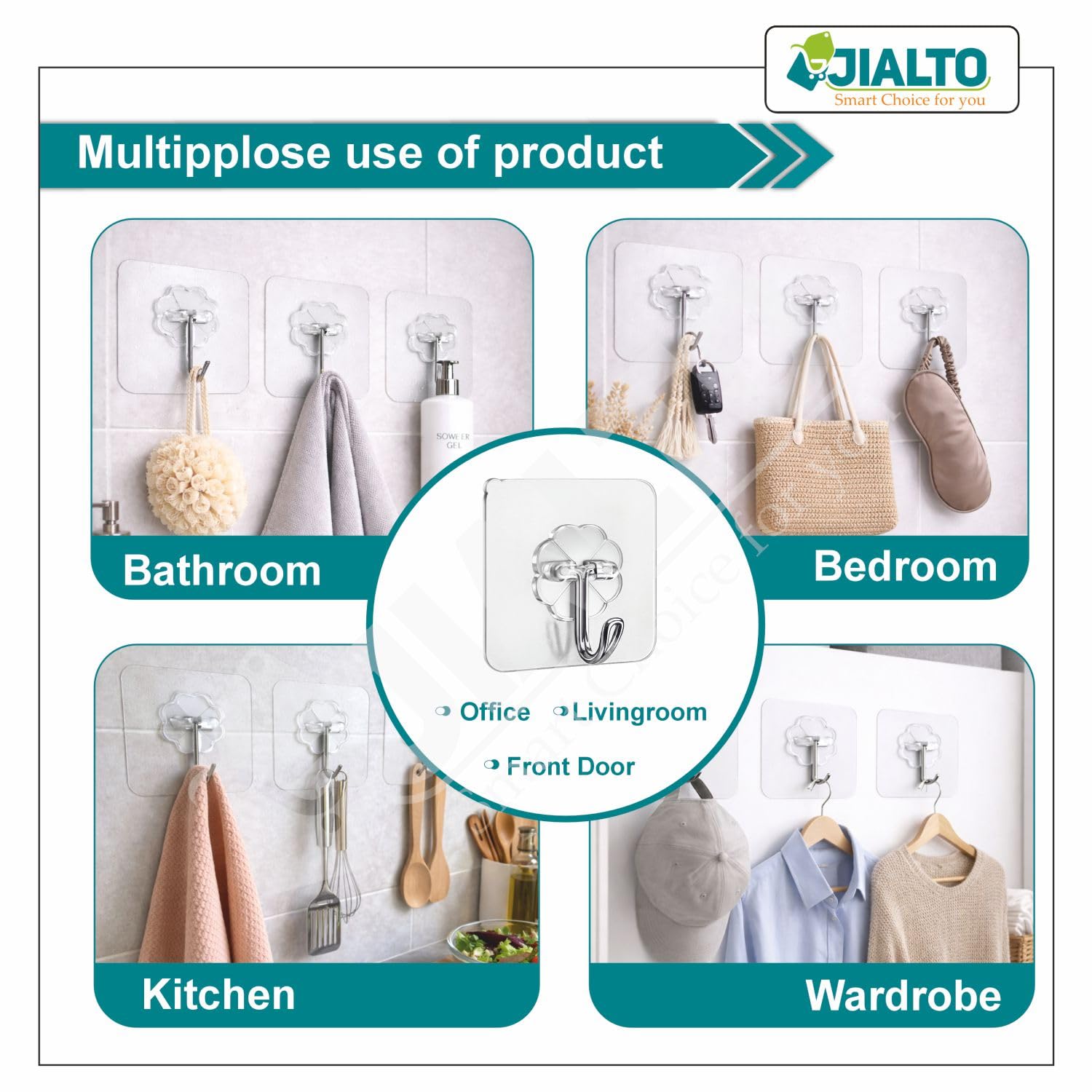 JIALTO Wall Hooks for Hanging Strong, Adhesive Hooks for Wall Heavy Duty, Wall hangings, Kitchen Accessories Items, Sticky Photo Frame Hangers (Pack of 20, Nail Hook)