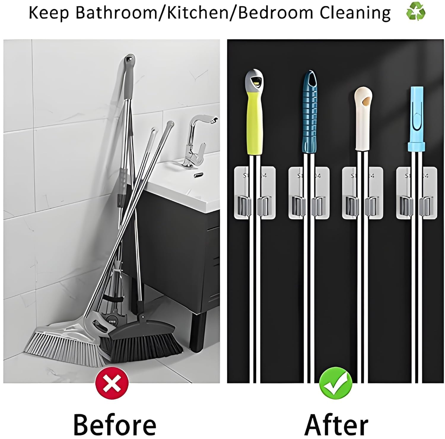 JIALTO 2 Pieces Stainless Steel Broom Holder with Hook - Wall-Mounted Adhesive Waterproof Rustproof Heavy Duty Broom and Mop Stick Holder for Home, Kitchen,