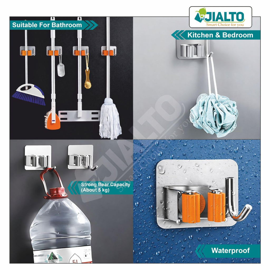 JIALTO 2 Pieces Stainless Steel Broom Holder with Hook - Wall-Mounted Adhesive Waterproof Rustproof Heavy Duty Broom and Mop Stick Holder for Home, Kitchen,