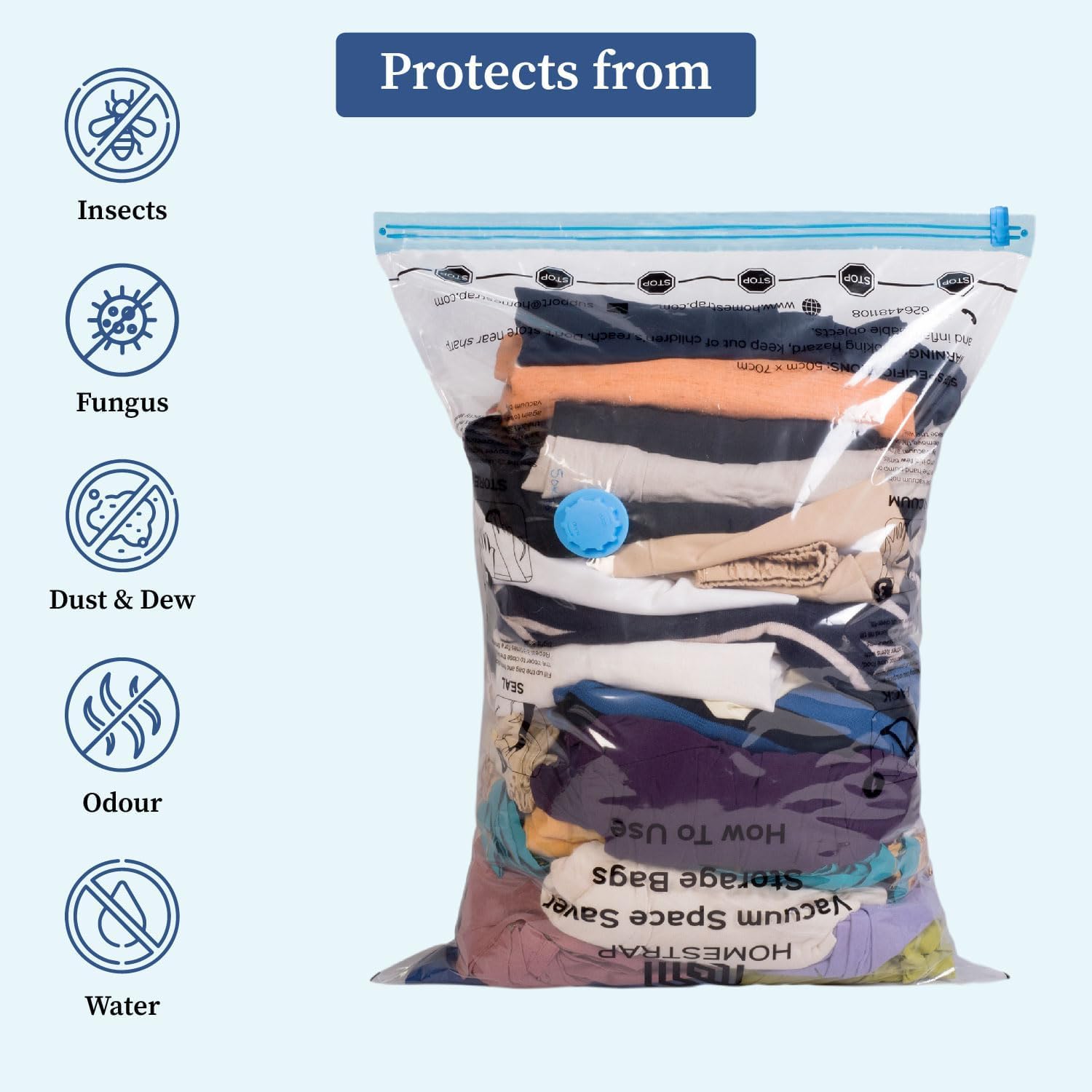 HomeStrap Vacuum Storage Bags with Pump Pack of 5 (Large)| Airtight and Reusable Space Saver Double Ziplock Compression Bags with Vacuum Pump|Creates 4x More Space for Clothes, Winterwear, Blankets