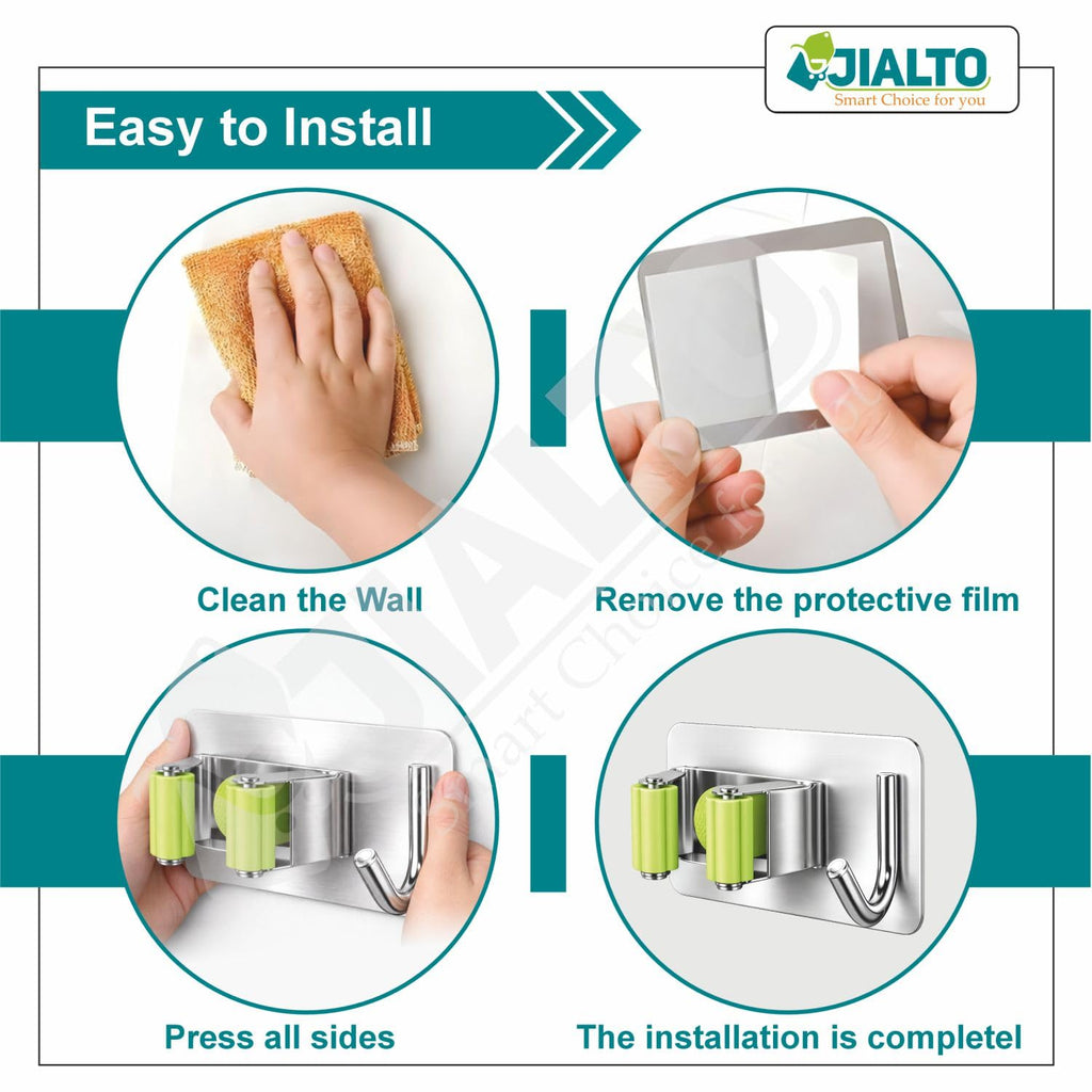 JIALTO 2 Pieces Stainless Steel Broom Holder with Hook - Wall-Mounted Adhesive Waterproof Rustproof Heavy Duty Broom and Mop Stick Holder for Home, Kitchen,
