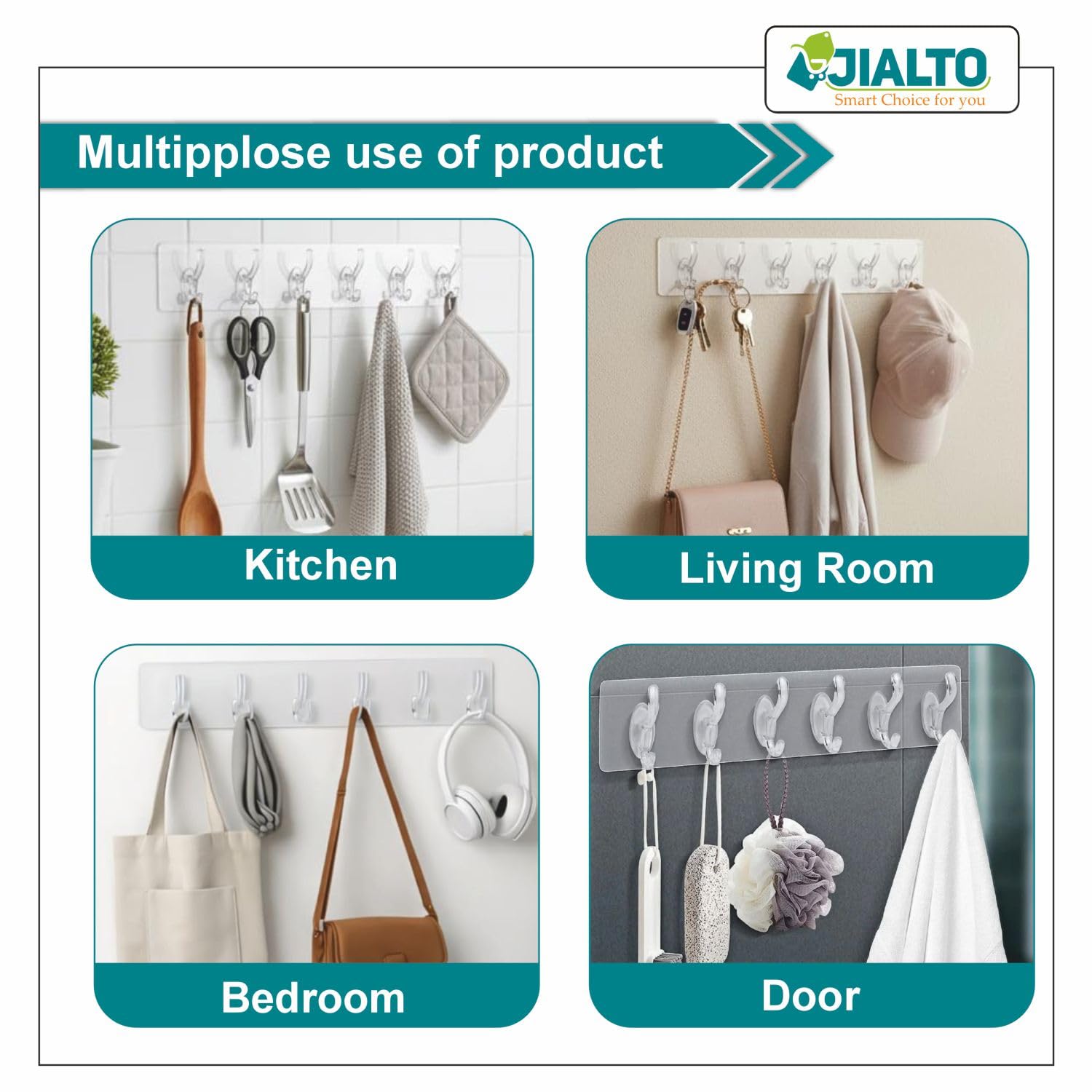 JIALTO 1 Pcs Wall Hanger Hooks for Wall Hook Clothes Hanging for Wall Strong Self Adhesive Magic Sticker Hook | Cloth Hanging Hook | Hooks for Clothes Hanging (6 Hook Strip)