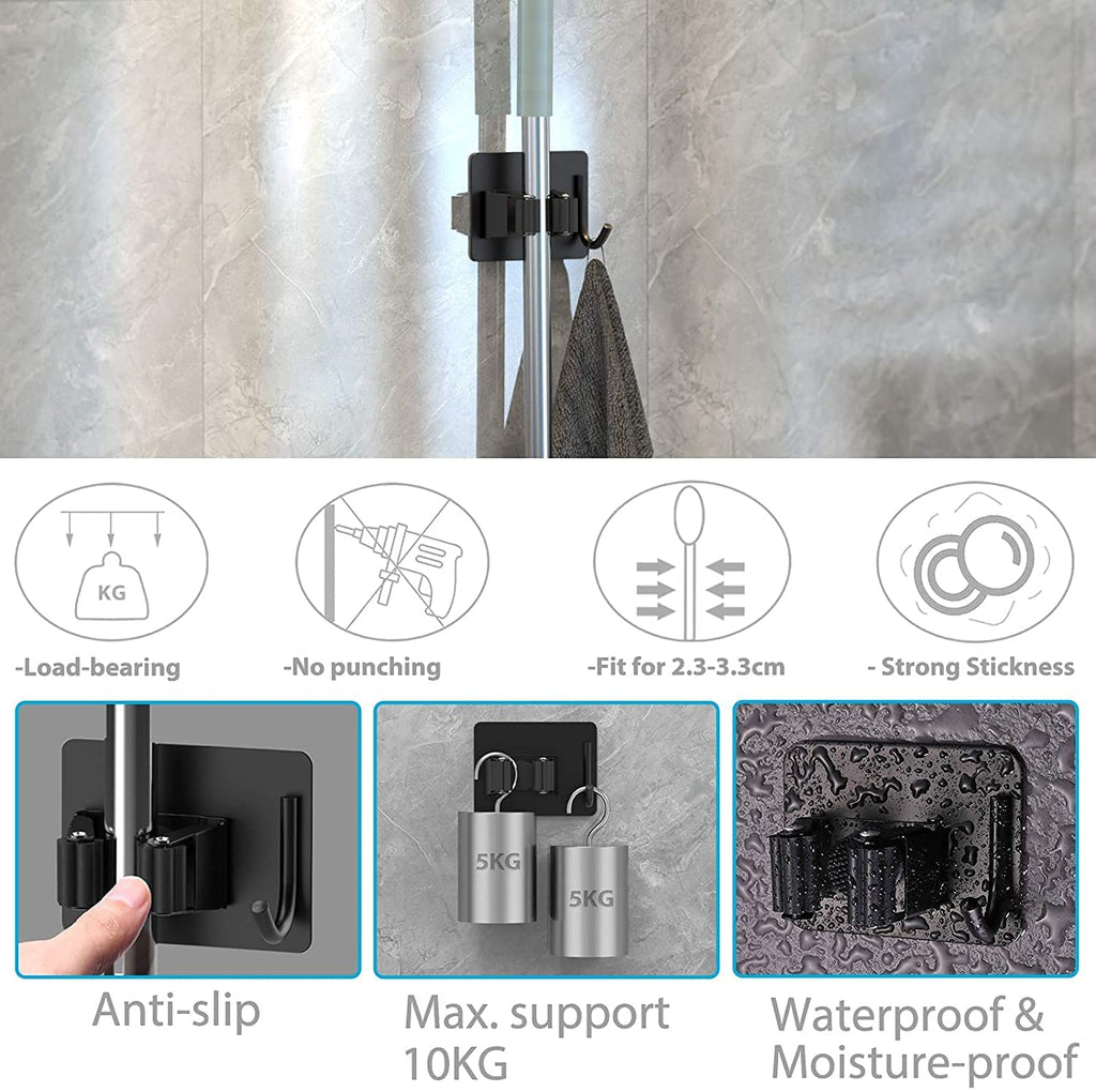 JIALTO 2 Pieces Stainless Steel Broom Holder with Hook - Wall-Mounted Adhesive Waterproof Rustproof Heavy Duty Broom and Mop Stick Holder for Home, Kitchen,
