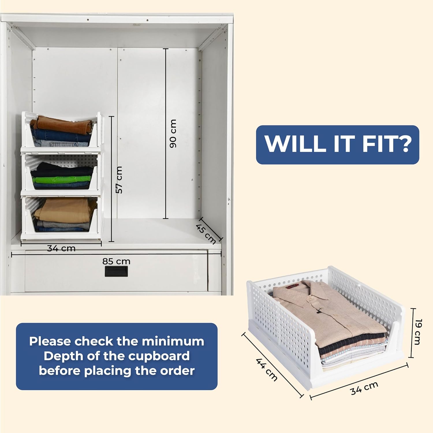 HomeStrap Set of 3, Stack it Up | Large Cloth Stacker | Foldable Shirt Storage Stacker for Wardrobe | Plastic Stackable Closet Organizer | White | 44L x 33W x 19H Centimeters