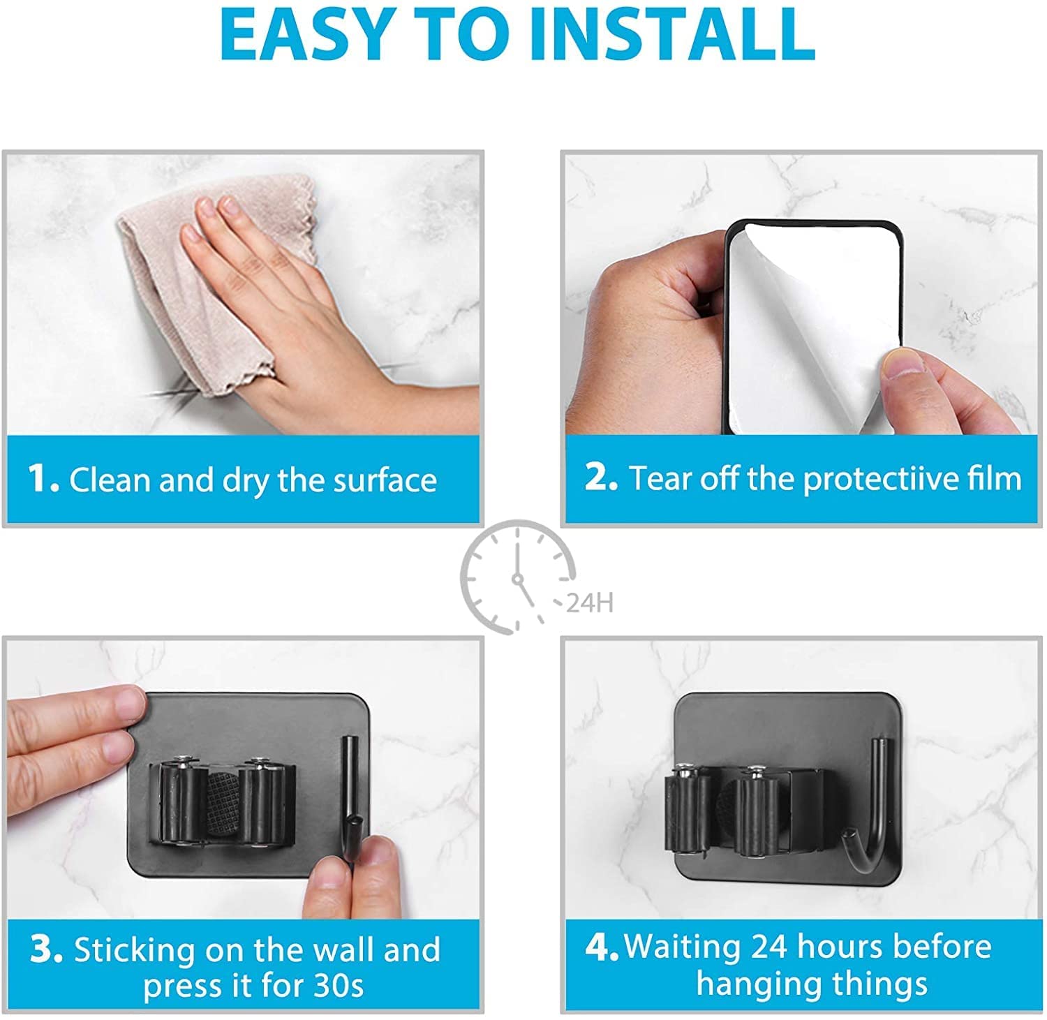 JIALTO 2 Pieces Stainless Steel Broom Holder with Hook - Wall-Mounted Adhesive Waterproof Rustproof Heavy Duty Broom and Mop Stick Holder for Home, Kitchen,