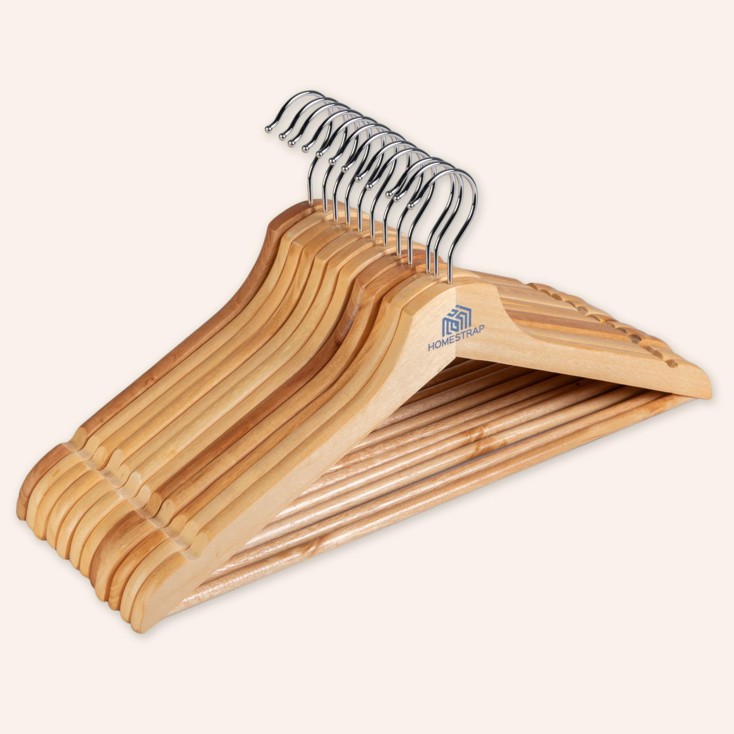 Homestrap Premium Round Bar Wooden Hanger (Pack of 12)| Durable Wooden Garment Hangers with Cut Notches & 360 Degree Swivel Chrome Hook for Hanging Heavy Clothes