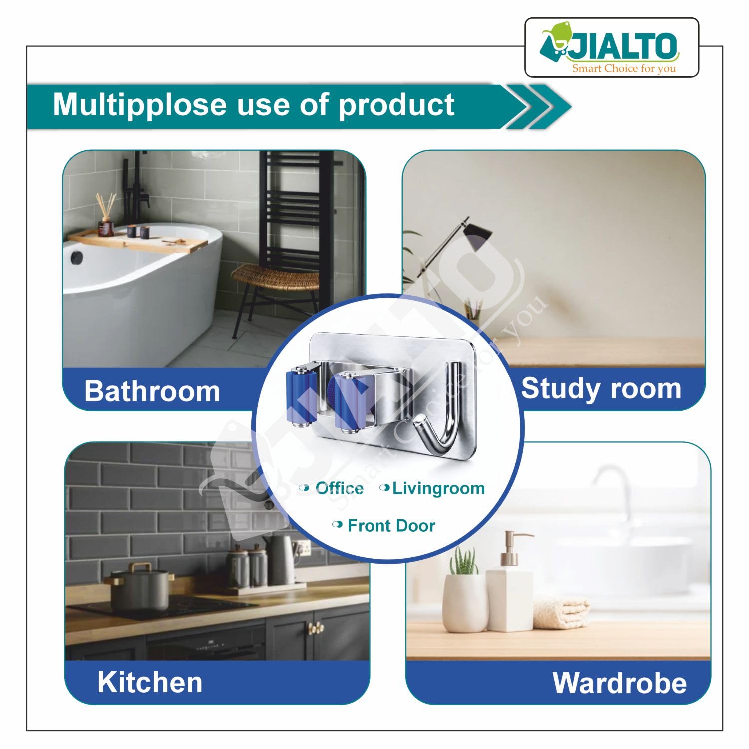JIALTO 2 Pieces Stainless Steel Broom Holder with Hook - Wall-Mounted Adhesive Waterproof Rustproof Heavy Duty Broom and Mop Stick Holder for Home, Kitchen,