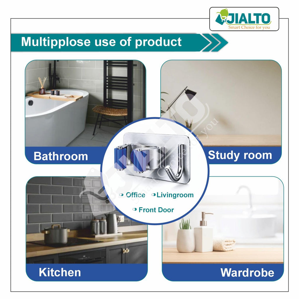 JIALTO 2 Pieces Stainless Steel Broom Holder with Hook - Wall-Mounted Adhesive Waterproof Rustproof Heavy Duty Broom and Mop Stick Holder for Home, Kitchen,