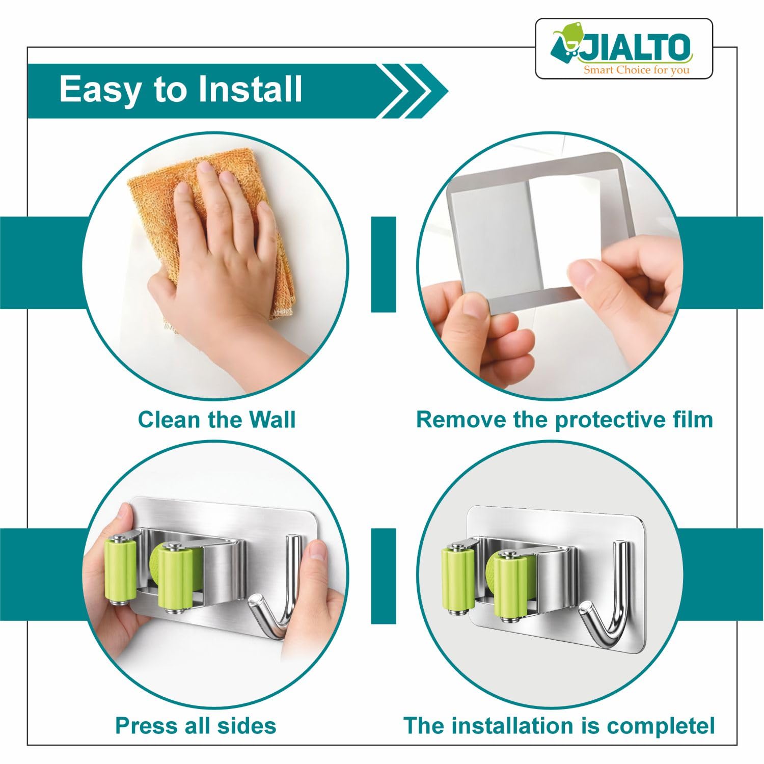 JIALTO 2 Pieces Stainless Steel Broom Holder with Hook - Wall-Mounted Adhesive Waterproof Rustproof Heavy Duty Broom and Mop Stick Holder for Home, Kitchen,