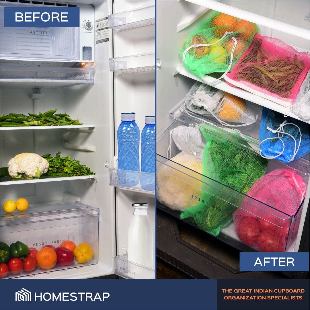 HomeStrap Reusable Mesh Fridge Storage Zipper Bags For Fruits And Vegetables(Multicolour, Standard) - Set of 12