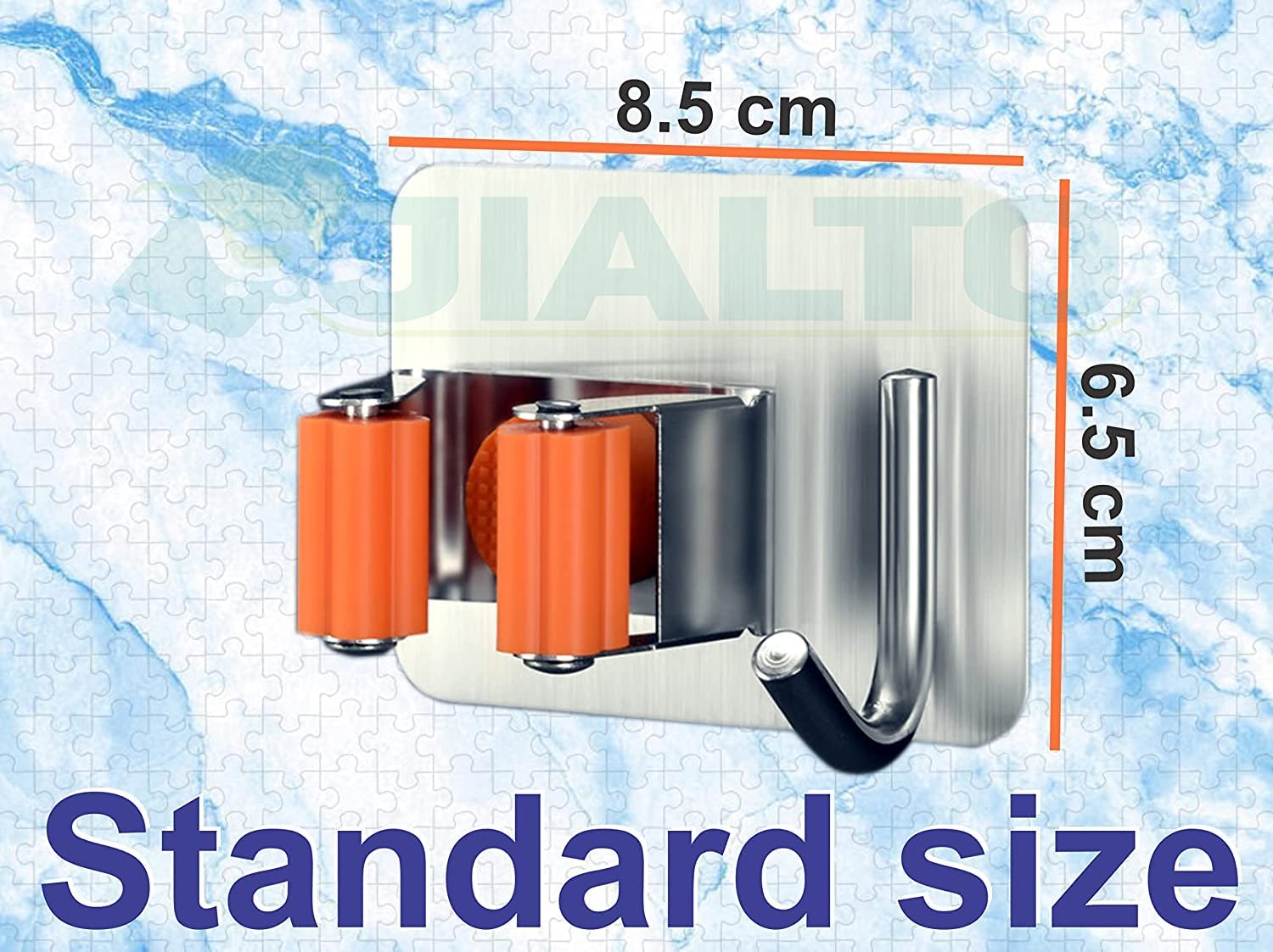 JIALTO 2 Pieces Stainless Steel Broom Holder with Hook - Wall-Mounted Adhesive Waterproof Rustproof Heavy Duty Broom and Mop Stick Holder for Home, Kitchen,