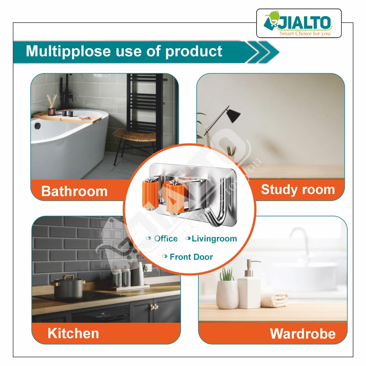 JIALTO 2 Pieces Stainless Steel Broom Holder with Hook - Wall-Mounted Adhesive Waterproof Rustproof Heavy Duty Broom and Mop Stick Holder for Home, Kitchen,