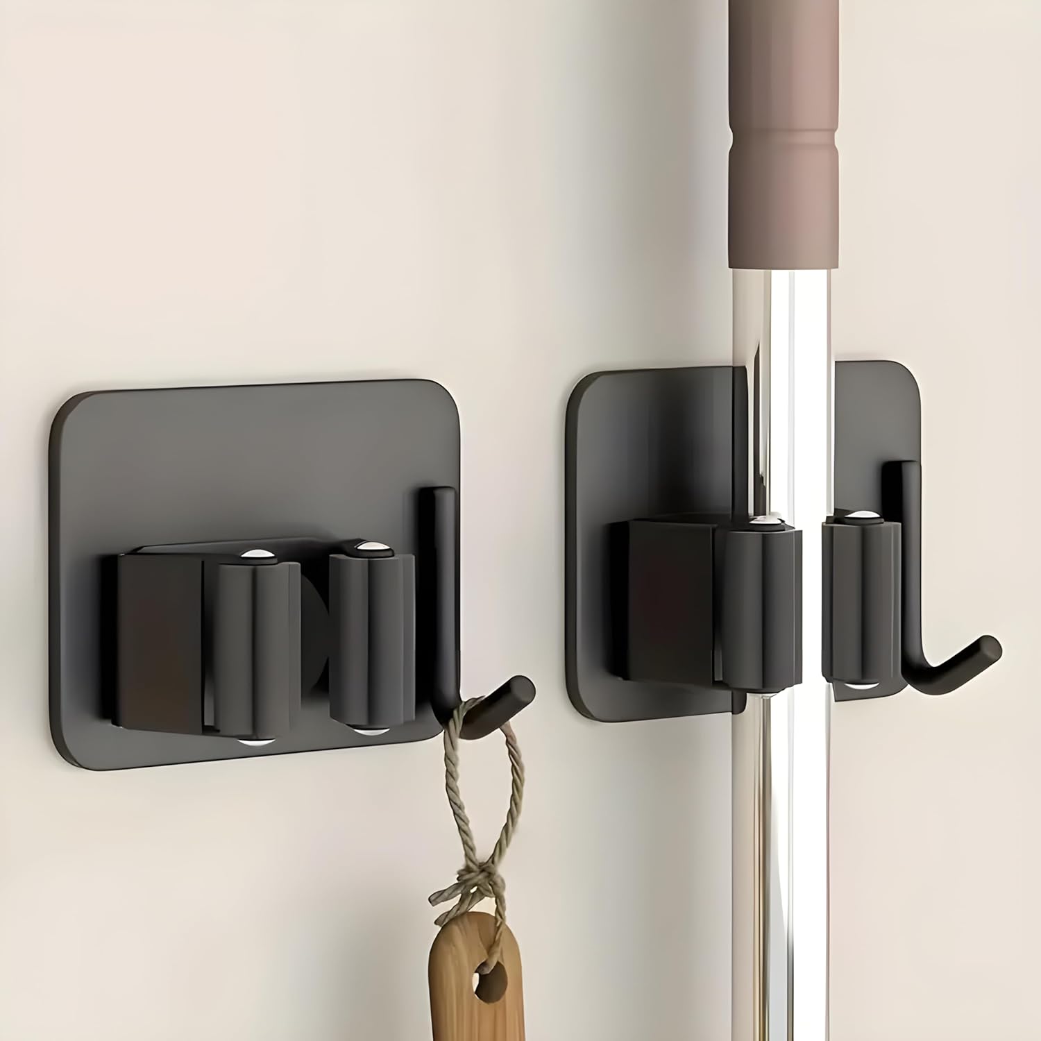 JIALTO 2 Pieces Stainless Steel Broom Holder with Hook - Wall-Mounted Adhesive Waterproof Rustproof Heavy Duty Broom and Mop Stick Holder for Home, Kitchen,