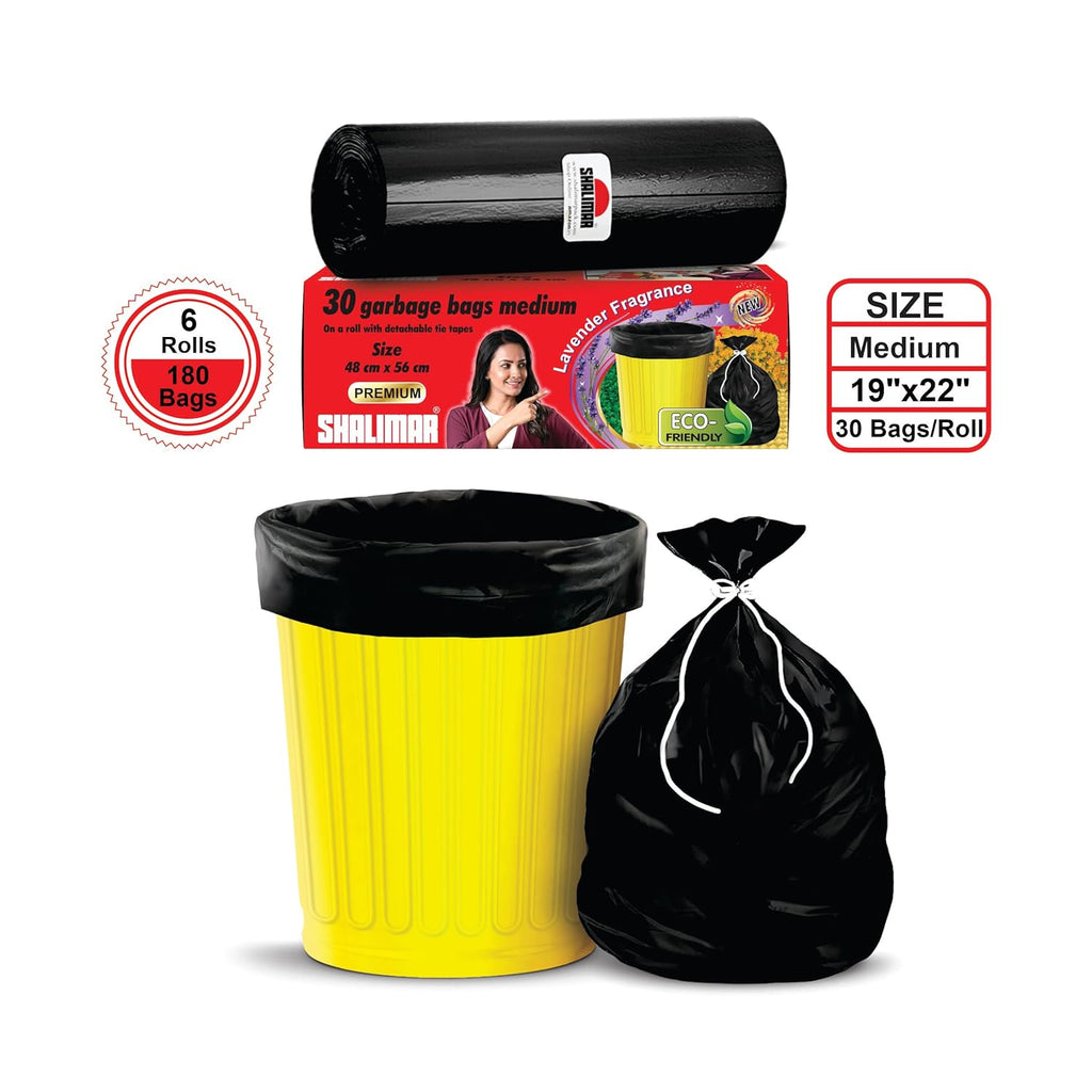 Shalimar Premium (Lavender Fragrance) Scented Garbage Bags | Medium 19 X 21 Inches | 180 Bags (30 Bags X 6 Rolls) | Dustbin Bag/Trash Bag | (Black) - Perforated Box for Easy Dispensing