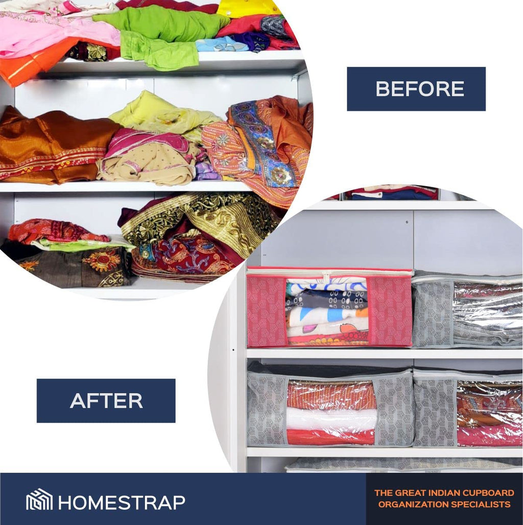 Homestrap Set of 6 Non-Woven Printed Saree Cover/Cloth Storage/Wardrobe Organizer For Clothes with Transparent Window (Grey)(Shark Tank Featured) 45cmx33cmx22cm