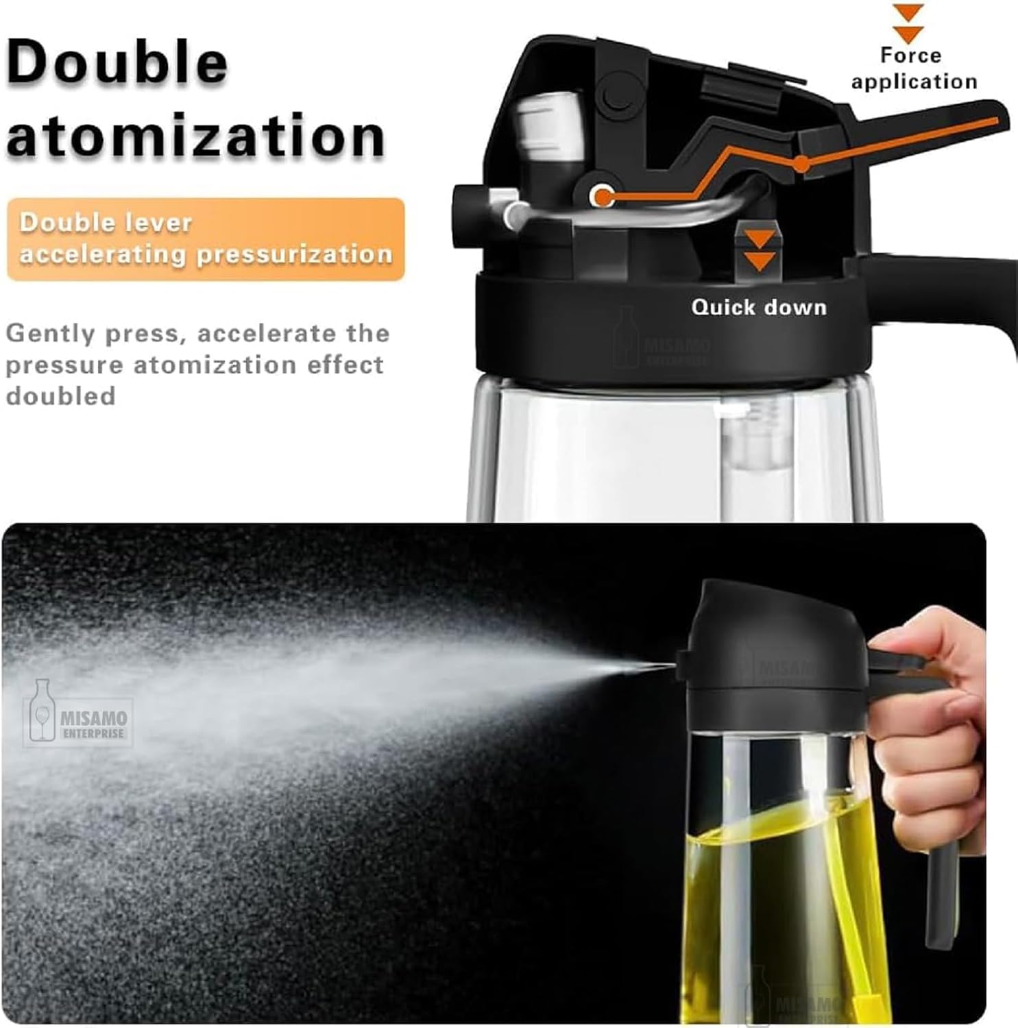 Misamo Enterprise 2-in-1 Glass Oil Dispenser & Sprayer for Cooking, 500ml Olive Oil Spray Bottle with Handle, Fine Mist & Pour Spout, Leak-Proof for Air Fryer, Salad, BBQ & Kitchen (Black)