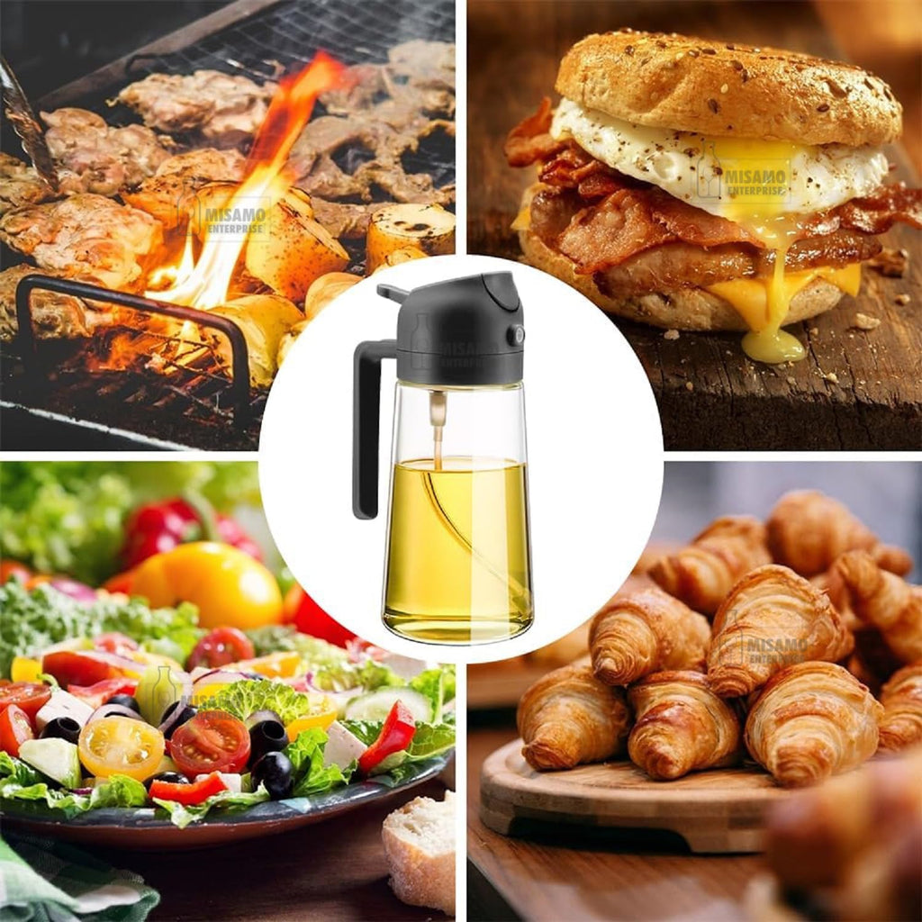 Misamo Enterprise 2-in-1 Glass Oil Dispenser & Sprayer for Cooking, 500ml Olive Oil Spray Bottle with Handle, Fine Mist & Pour Spout, Leak-Proof for Air Fryer, Salad, BBQ & Kitchen (Black)