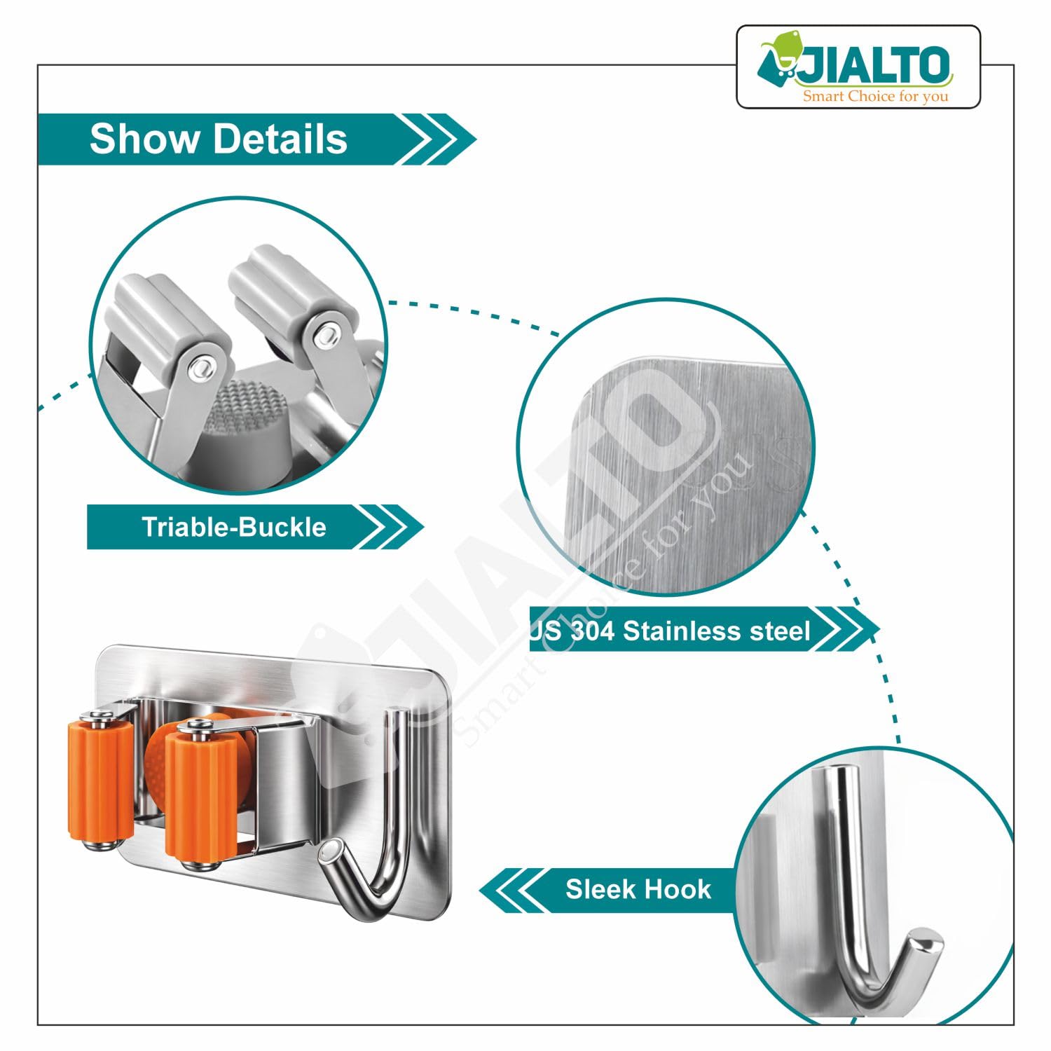 JIALTO 2 Pieces Stainless Steel Broom Holder with Hook - Wall-Mounted Adhesive Waterproof Rustproof Heavy Duty Broom and Mop Stick Holder for Home, Kitchen,