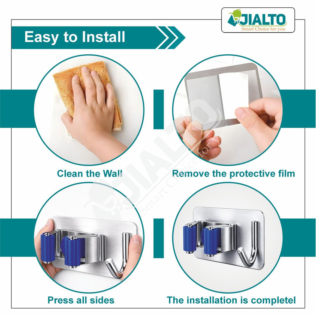 JIALTO 2 Pieces Stainless Steel Broom Holder with Hook - Wall-Mounted Adhesive Waterproof Rustproof Heavy Duty Broom and Mop Stick Holder for Home, Kitchen,
